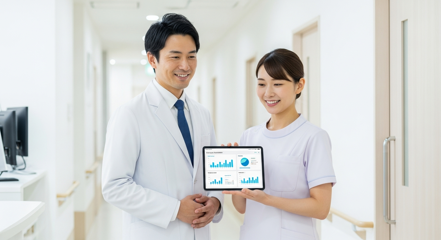 医師と看護師がiPadでLife-Guardianダッシュボードを確認 - 患者データを一目で把握