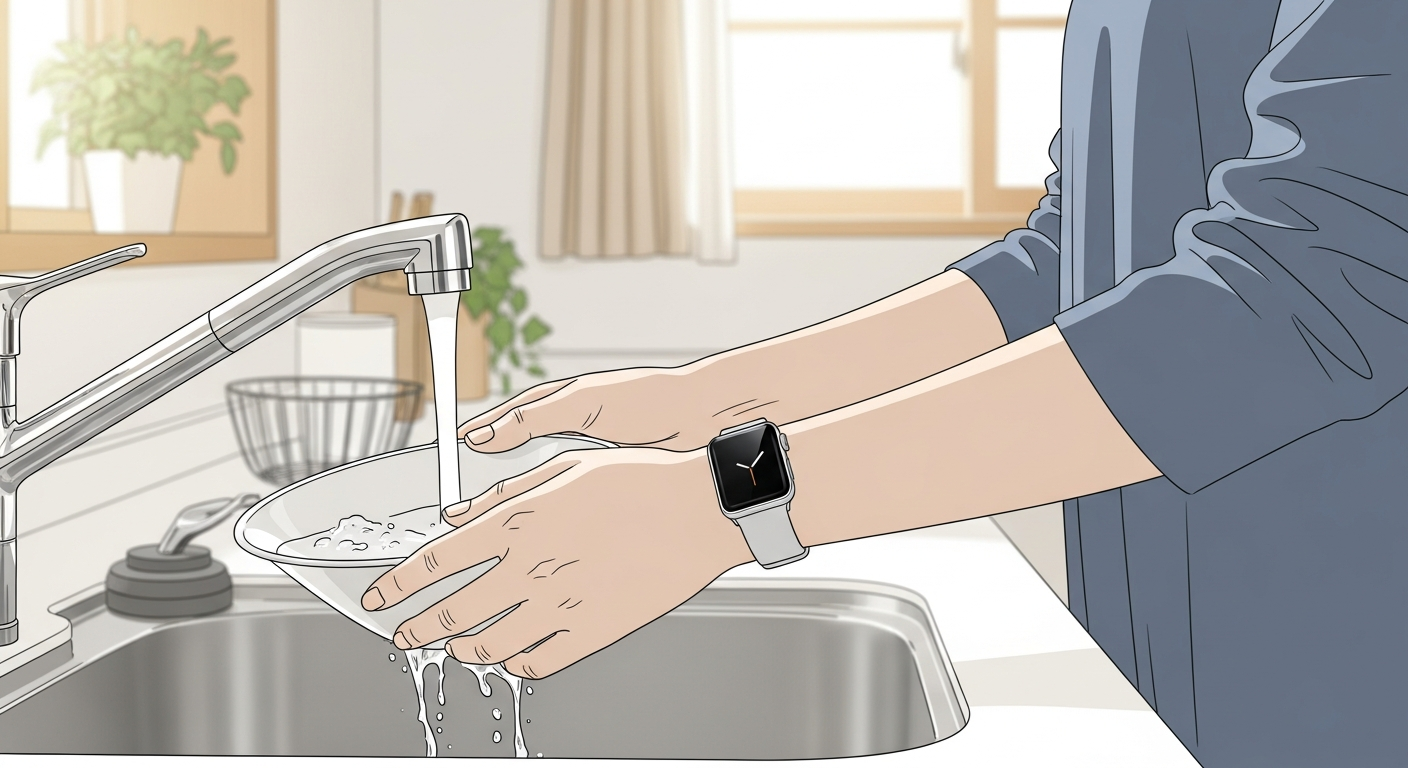 Apple Watchを装着したまま食器を洗う様子 - 防水機能で水仕事も安心