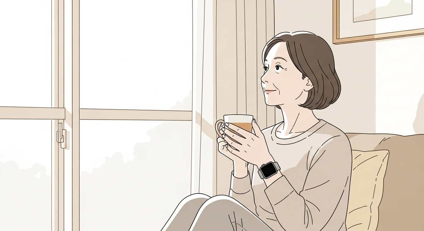 Apple Watchを装着してリラックスする60代女性 - 窓辺でお茶を楽しむ穏やかな朝