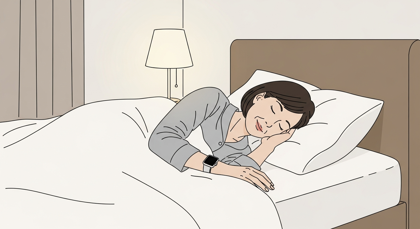 Apple Watchを装着したまま穏やかに眠る女性 - 睡眠データを自動記録