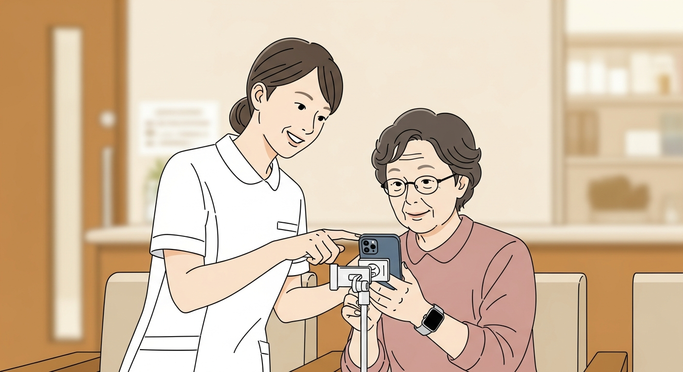 クリニックでスタッフのサポートを受けながらスマートフォン設定をする患者様 - 必要に応じてお手伝い