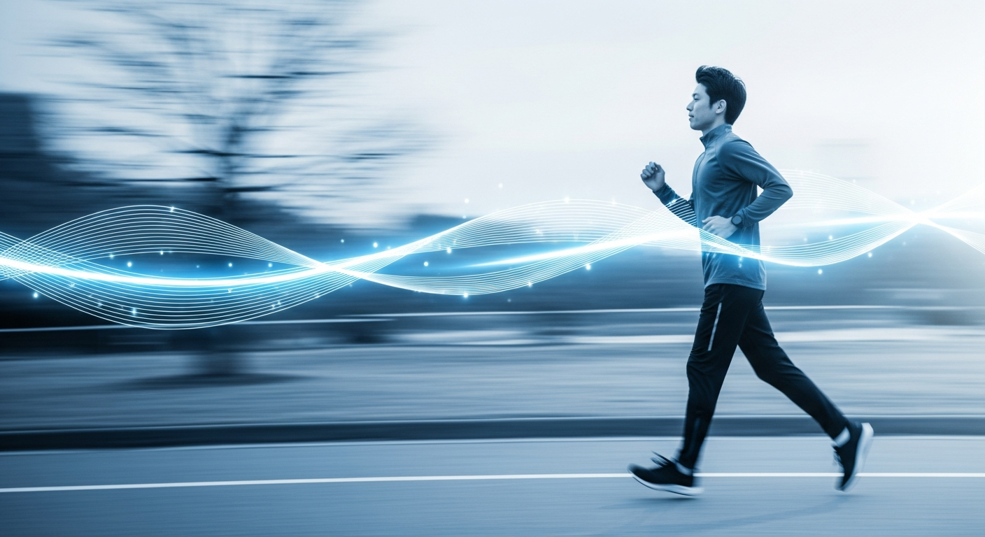 Apple Watchを装着して朝の公園でジョギングする健康的な男性 - 日常の活動量を自動記録