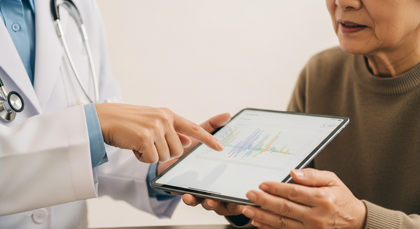 医師と患者がiPadでLife-Guardianのデータを一緒に確認 - 対話型診療を実現